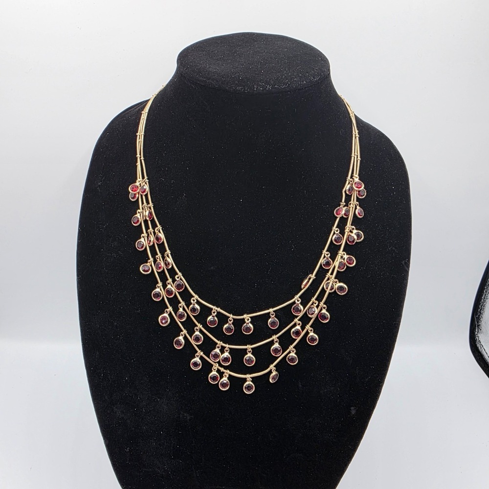 Ann Klein Shaky Three Strands Bezel Set Glass Ruby Red Stones Necklace 20"